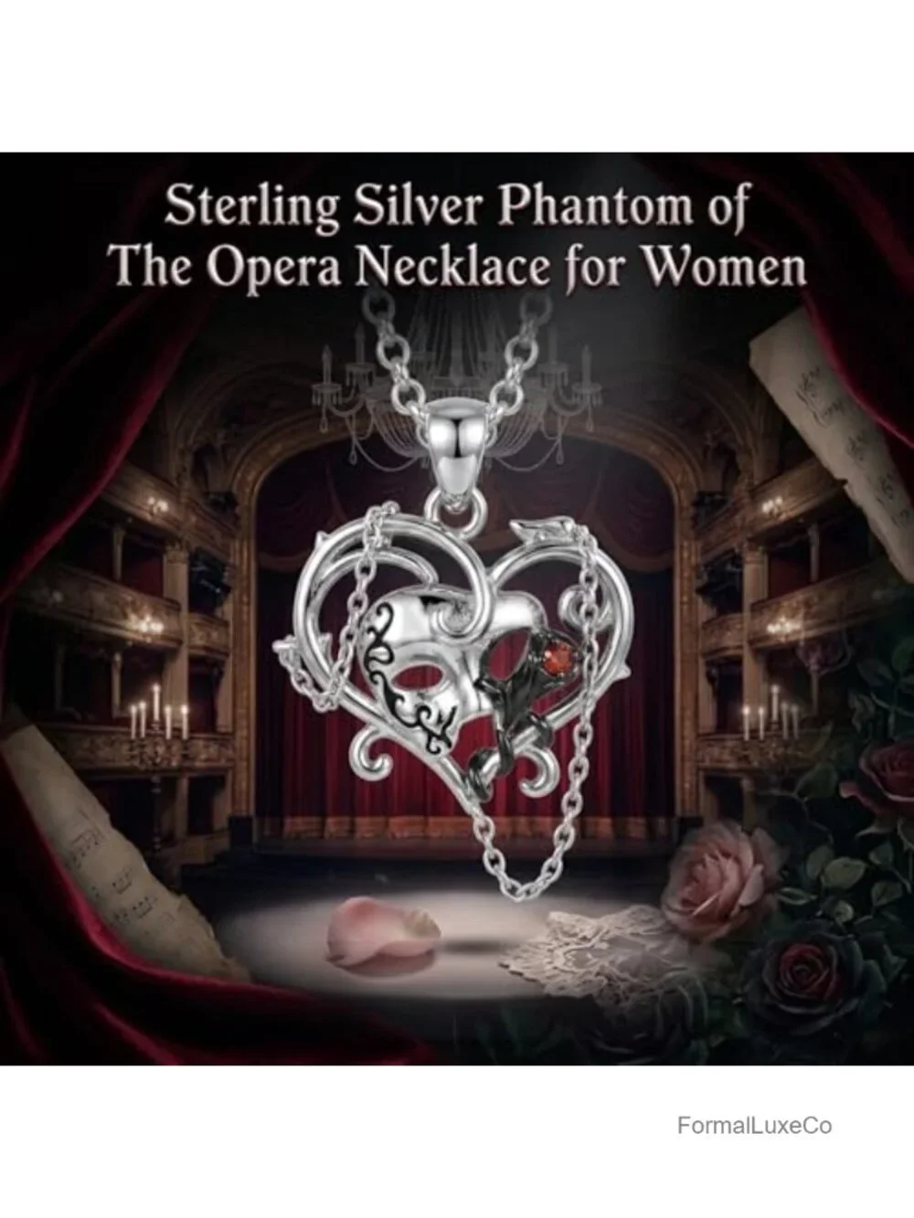 Phantom of the Opera Sterling Silver Gothic Heart Pendant Necklace 18in